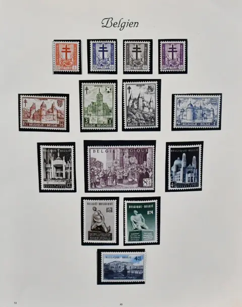 Belgie, 1951-1980, nepoužitá/pocztovně použitá sbírka ve dvou svazcích, pravděpodobně kompletní, zpočátku nepoužitá, s č. 906/908, 909/13, tuberkulóza č. 914/21, bazilika s blokem 24,…