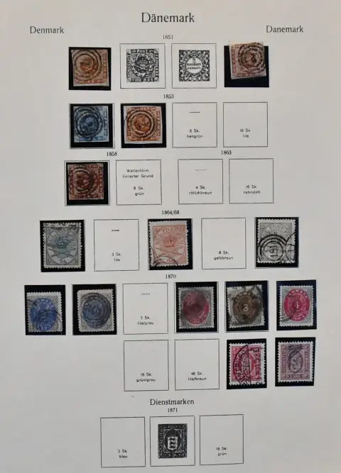 Denemarken, 1851/1944, gestempelde verzameling met veel betere uitgaven vanaf klassiek, beginnend met nr. 3, op oude voorgedrukte bladen. Waaronder nr. 15, 22/31, 47/62, goede nr. 66, 81, 84/96, 116/17, 143/45, dienst vanaf nr. 4/7, port nr. 1/32, postveerstempels vanaf nr. 2, met goede nr. 4, verrekeningsstempels nr. 1/10, evenals Thule-uitgaven nr. 1/5. Mi. 3700,-