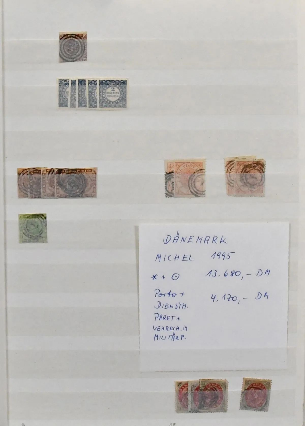 Denmark, 1851/1988, varied stock, mostly used, later partly mint, in thick E-book. Including no. 1, 5, many values ex no. 22/33, no. 159/65 mint etc. Plus official from no. 2, postage due no. 1/7, ferry and accounting stamps. Mi. 6000,-