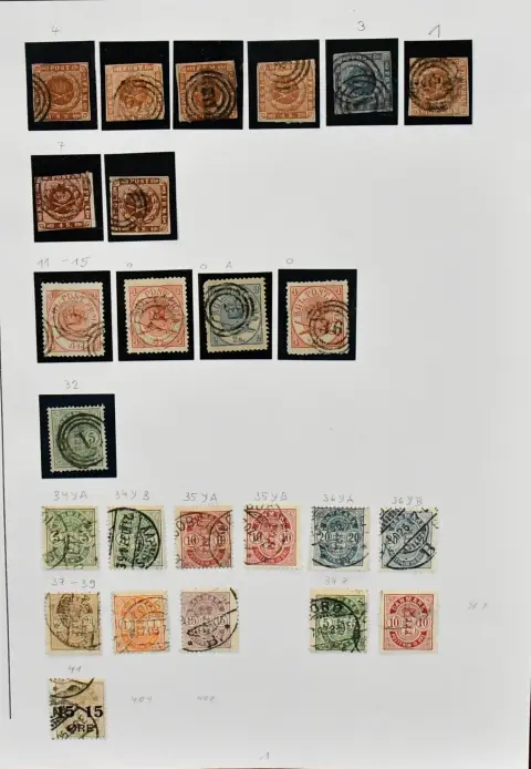 Denemarken, vanaf 1854, meestal gestempelde verzameling op zelfgemaakte bladen, met vroege waarden zoals nr. 3, 4(5), 7(2), 11, 13(3), 16(2), 18(3), 19, 20, 24, 28(2), 30(7),…