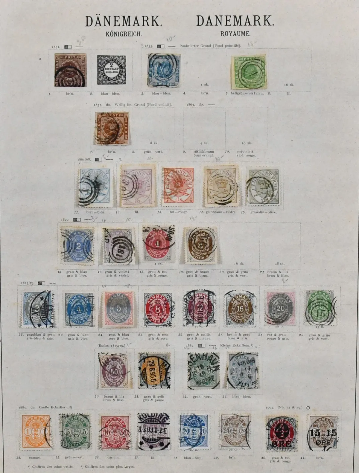 Dánsko, 1851-1913, převážně ražená sbírka na starých předtištěných listech Schaubek, včetně mj. č. 1, 3, 5, 9, 11-15, 16-19, 22-31, 32-33, 47-52, 62, 81 atd., jakož i služební a zúčtovací známky