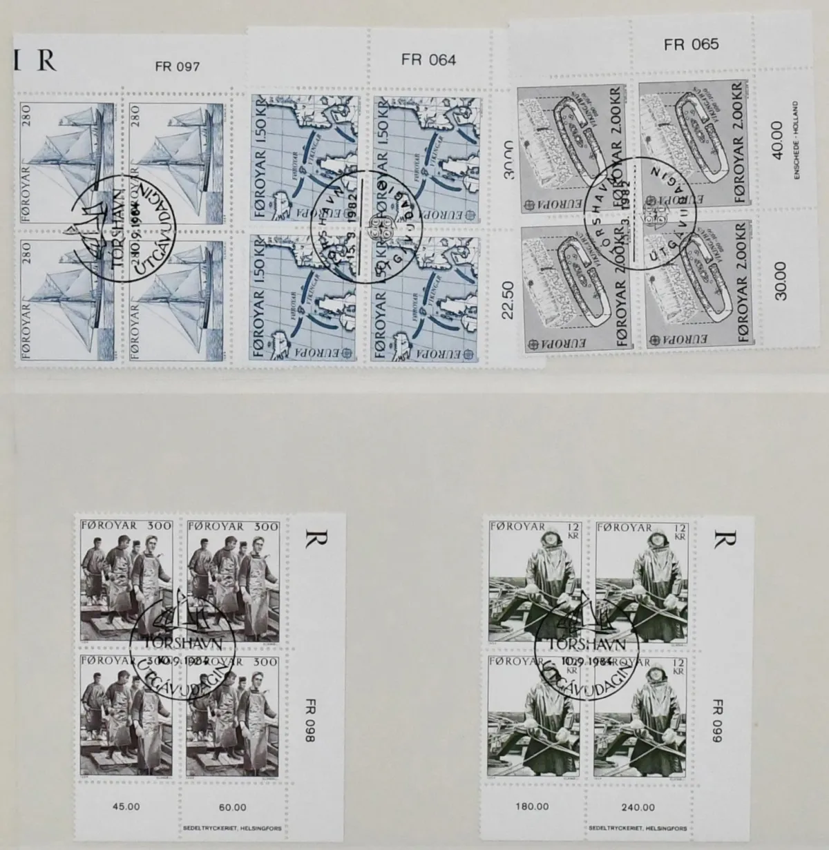 Faroe Islands, 1981-1992, extensive used block of four collection on blank sheets, almost complete, Michel approx. 1200,- Euro