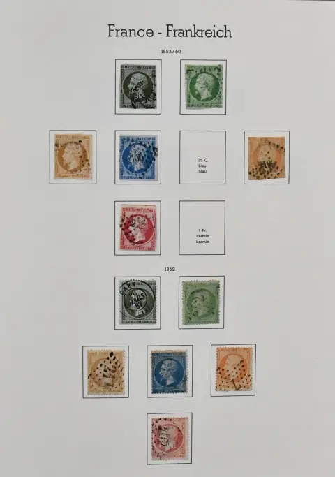 Francja, 1853-1944, głównie kasowana kolekcja z Napoleonem, nr 10/13, 15/16, 18/23, 24/31, Alegoria 1876/77 z 5 Fr., Kasy Długu z nr 261, Poczta lotnicza z 50 Fr. banknot, 326/27, Bl. 3, Sławni Francuzi itd. Wysoki KW!