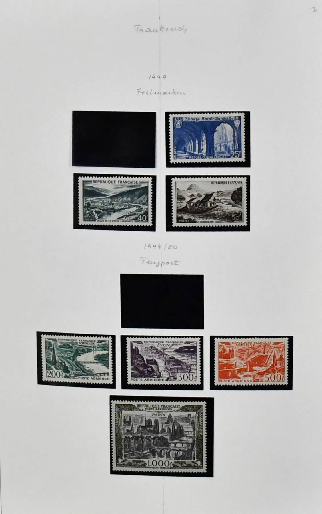 Frankreich, 1945-1982, nahezu kpl. postfrische Slg. im selbstgest. dicken Binder, anfangs bis 1949 noch mit kleinen Lücken, ab 1950 (ohne Flugpost 1954) wohl…