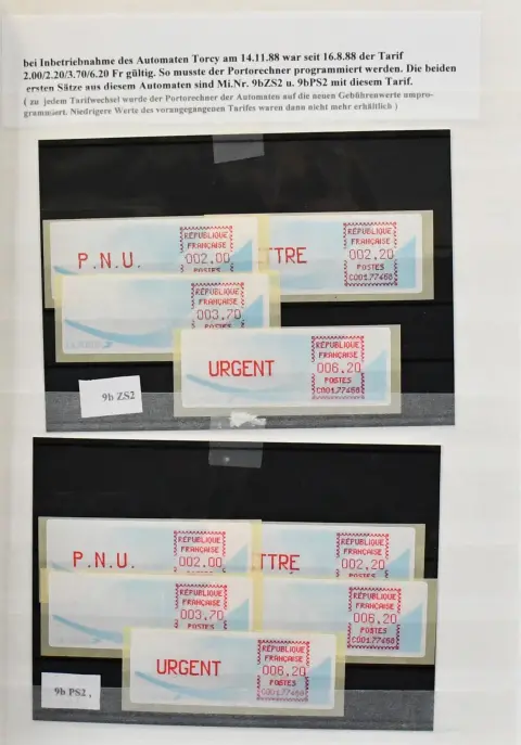 Francja, specjalne ATM, tylko urządzenie Torcy, informacyjnie zmontowana kolekcja we wszystkich stanach z 104 wartościami i dziewięcioma listami, w tym błędne kolory nadruków, przedstawienia starych i nowych głowic drukujących, znaczki testowe, m.in. błędy taśmy barwiącej, błędne użycia papieru bezpiecznego w urządzeniu Torcy (w tym także naprawiona głowica drukująca) itd. Interesujący, rzadko oferowany materiał znaczków automatycznych