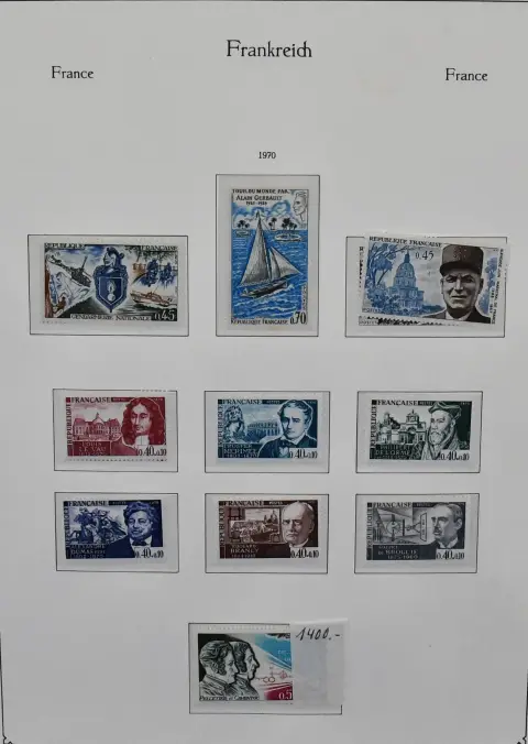 Francja, 1970-1992, kompletna kolekcja bez podlepki w dwóch albumach przedrukowych. Zawarta ważna nominalna 2600,- FFr. (= 400,- Euro)