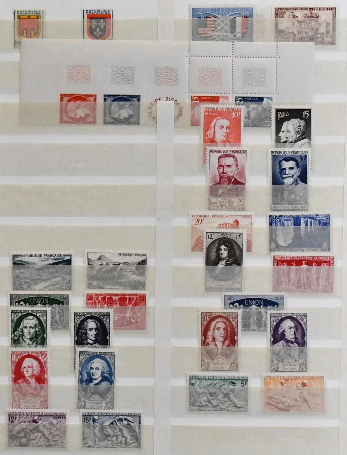France, ca. 1945-1986, mint (few unused) collection in binder with many values, including famous Frenchmen, Red Cross, 1000 Fr. Helicopter, from the 1960s