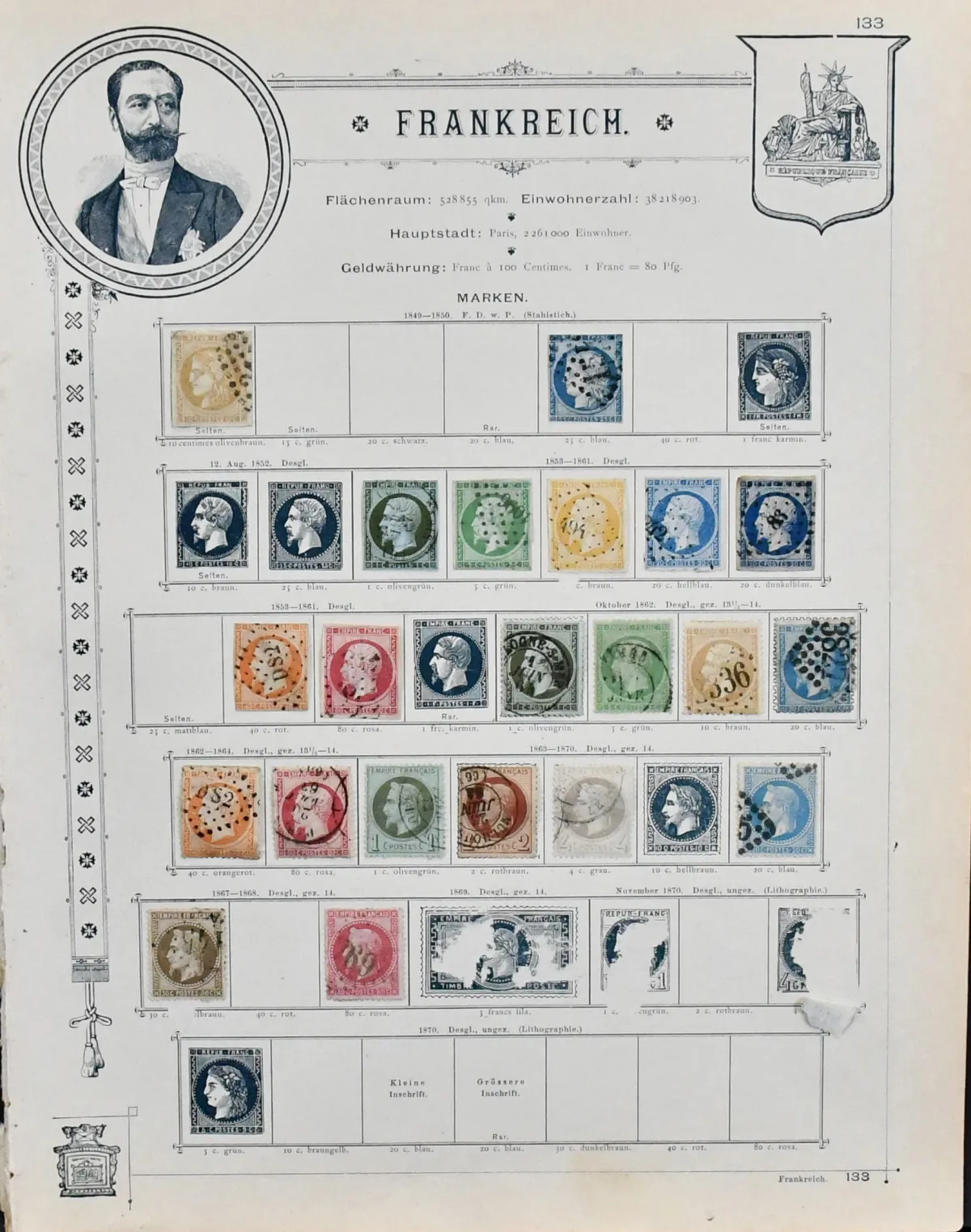 France, 1849-1892, used collection in mixed condition on old gilt-edged pre-printed pages, including no. 4, 10-11, 16, 18-23, 24-26, 40, 45-47, 76 etc., plus...