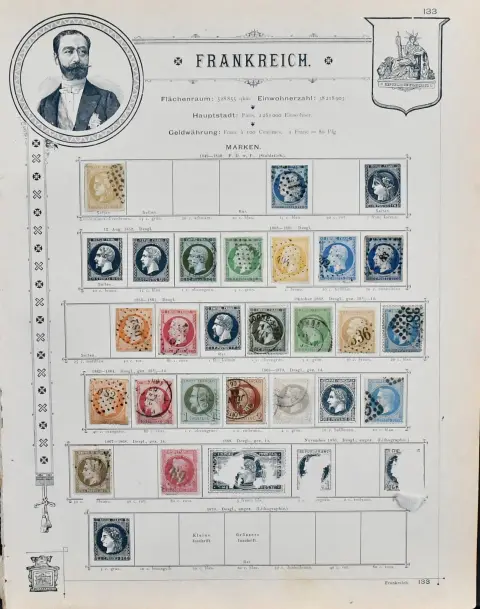 Frankrijk, 1849-1892, gestempelde verzameling in verschillende condities op oude goud op snee voorbedrukte bladen, waaronder nr. 4, 10-11, 16, 18-23, 24-26, 40, 45-47, 76 enz., plus...