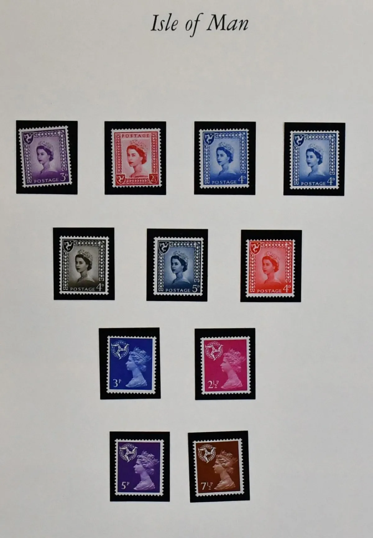 Isle of Man, mint never hinged, 1958-1992 quasi complete collection in Borek pre-printed album. Plus postage No. 1/8I in decorative complete mint never hinged sheet set, folded in the middle…