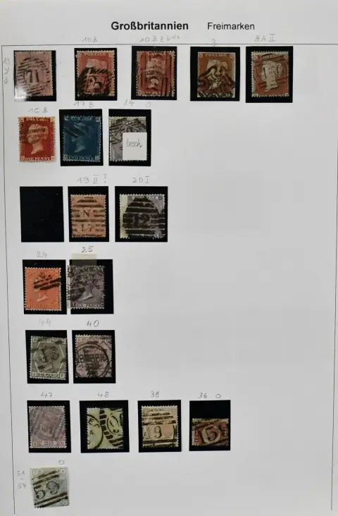 Grande-Bretagne, 1841-2002, collection surtout oblitérée sur feuilles autogr. en classeur, dont beaucoup Victoria à partir du n° 3, avec n° 19, 20, 25, 72-76, 78(3), 95-97, 115 etc., ainsi que la série Machin avec unités et surcharges, et quelques Perfins, carnets et documents, Michel bien 3000,-