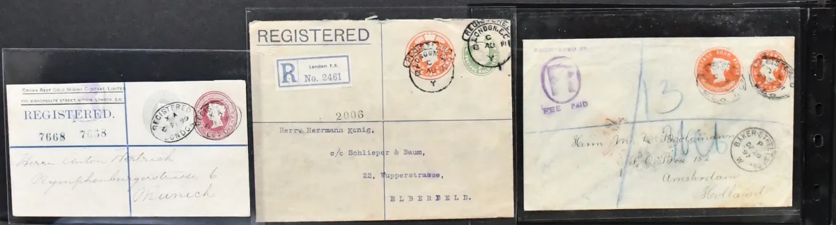 Velká Británie, 1897/1911, soubor tří britských soukromých celin, všechny doporučeně do Německa, každá se dvěma různými hodnotovými razítky