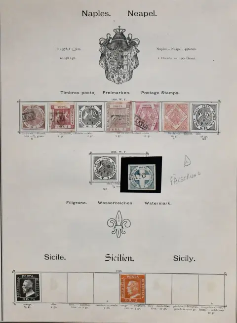 Italy, 1852-1896, mostly used collection in often good condition on old album pages. Including among others old Italian states with Papal States, Parma, Naples etc. Here many forgeries, but also good genuine material such as Modena nos. 1I-2I, 3II, 5I and 6I (clean unused), furthermore Italy with among others nos. 3, 5, 13 (unused), 14, 22, 29-36, 41 unused, 49 (unused), 50-54, 58, 59 etc., also parcel stamps nos. 1-6, official nos. 7-8, accounting stamp