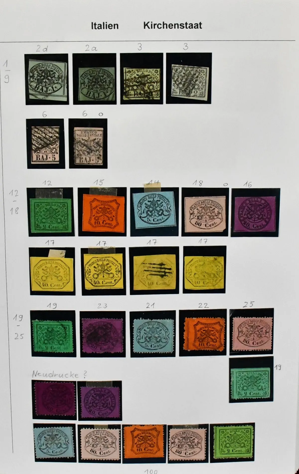 Italië, 1852-1980, verzameling op zelfgemaakte bladen in ringband, waaronder Oud-Italië met Kerkelijke Staat, Sardinië, Napels en Sicilië, originelen en herdrukken, Italië vanaf nr. 1, nr. 10 op stuk, 16-22, 29-36, 42, 57(2), 59, 61-66 ongebruikt, 100-103, 127, 128, 157-59, 399-400, 523-27, 740-45, 773, 774-76, 796-97, 834-36 postfris, 836 gestempeld, enz. Verder enkele naburige gebieden en diverse stukken, San Marino vanaf de eerste waarden, enz.