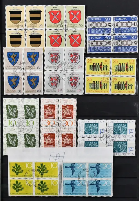 Лихтенштейн, 1965/1995, гашёная полная коллекция квартблоков, все с центричными штемпелями пунктов рассылки, Mi. номинальная стоимость марок только 3500,-
