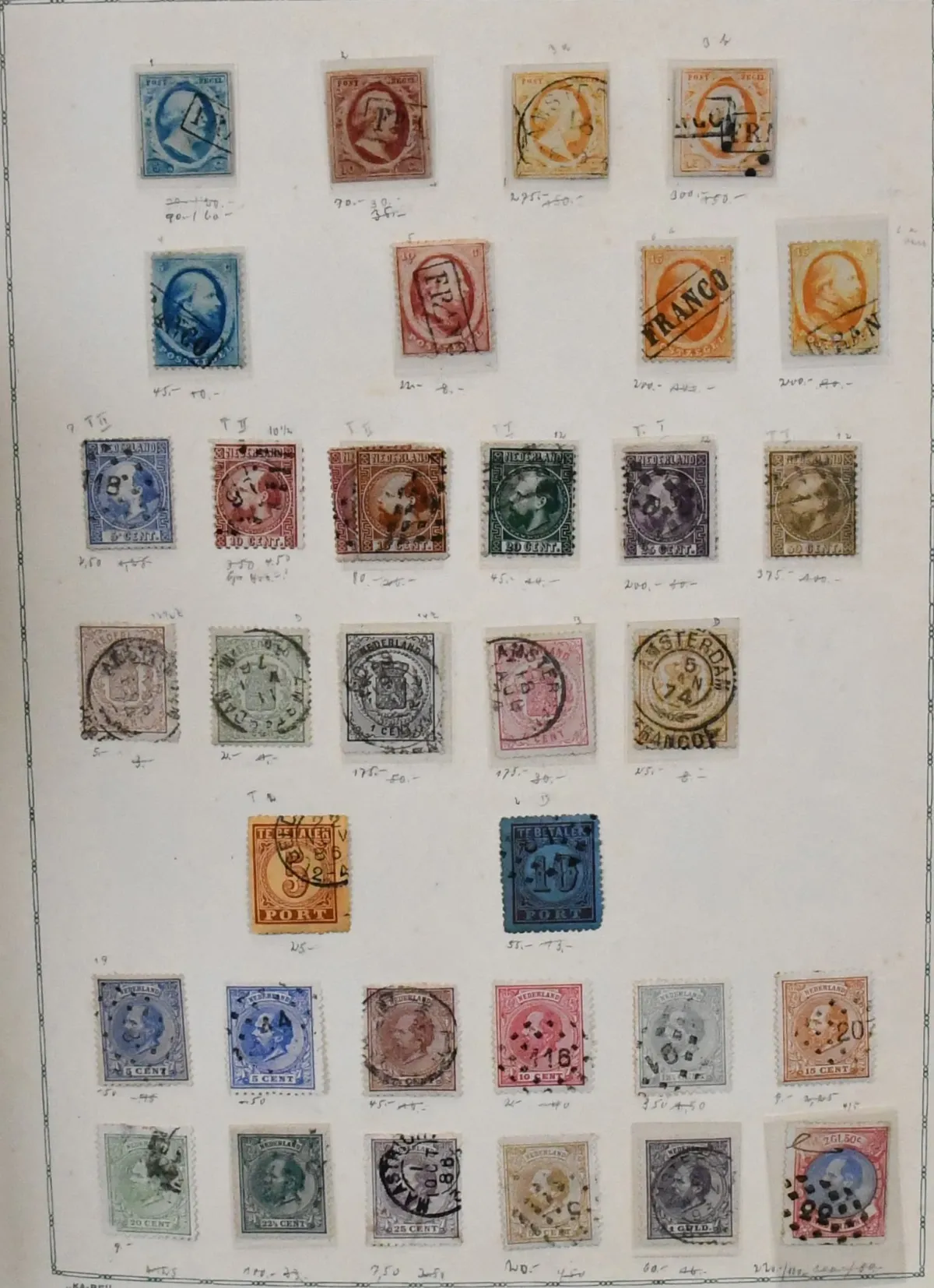 Pays-Bas, 1852-1967, collection dans les deux états dans un ancien album KABE, avec de nombreuses bonnes valeurs et partiellement complète, entre autres n° 1-2, 3(2), 4-5, 6(2), 7-12, 16, 19-29, 45, 81-91, 123-33, 453-56, 580-81, chacun oblitéré, etc. En outre, les timbres-taxe bien représentés avec par ex. n° 1-2, 3-12, 27, 40 etc. Mi. 3300,-