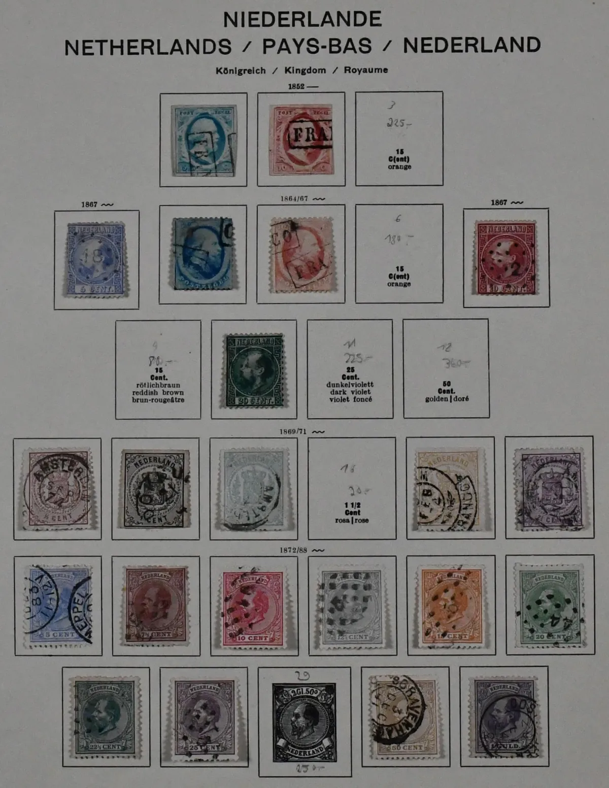 Nizozemsko, 1852/1972, razítkovaná sbírka od klasiky, včetně lepších jako mj. č. 14, 18, 19/27, mnoho kompletních sad, mj. dětské sady od 1924, č. 205/12 atd., v…