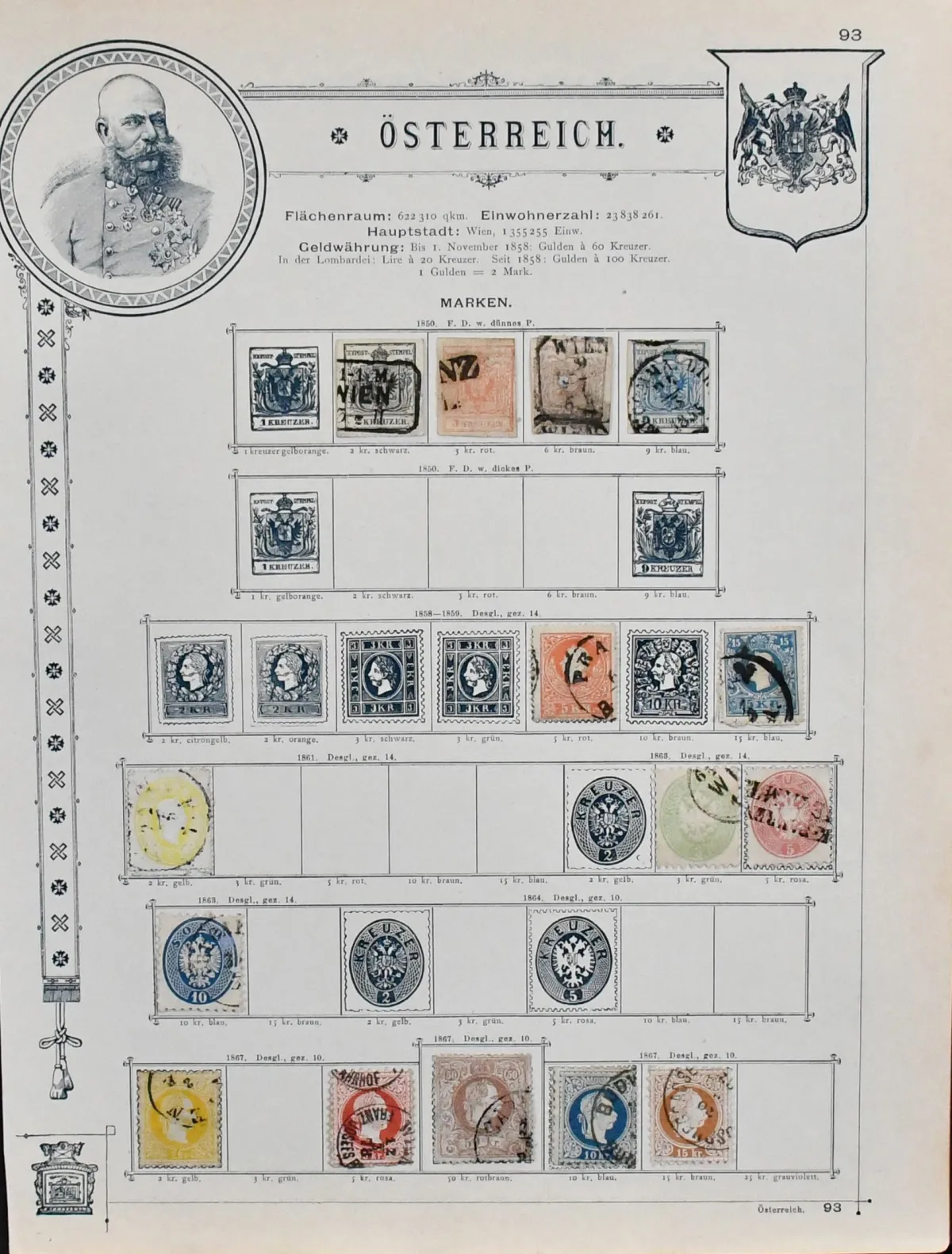 Австрия, 1850-1883, коллекция гаш. в немного разном состоянии на старых бланках с золотым обрезом, в т.ч. №2 с широкими полями, 3-5, «Голубой Меркурий» с ломбардским штемпелем «Бергамо», №16, 18, 23, 41 и др., а также фрагменты цельных вещей и Левант №7I. Mi. 1500,-