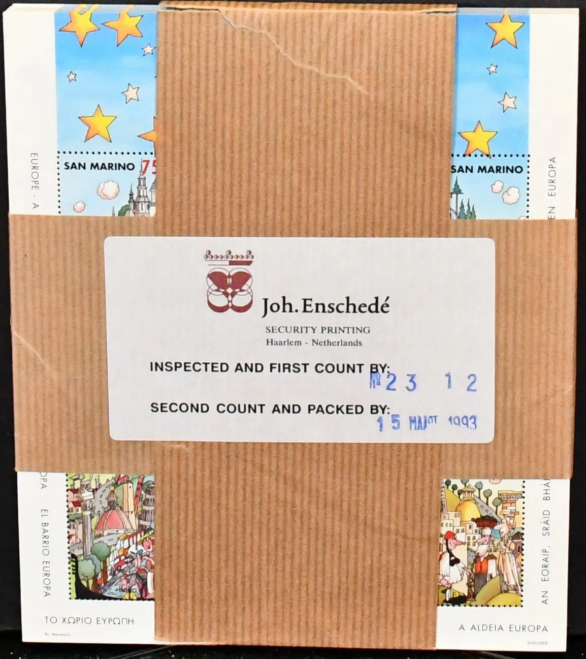 San Marino, 1993, čistý fond 100 kusů Bl. 17, originální balení s pečetí tiskárny "Joh. Enschedé" (Haarlem/Nizozemsko), 1200,- Mi. a 900 000,- lir poštovní hodnoty (cca 450,- eur)