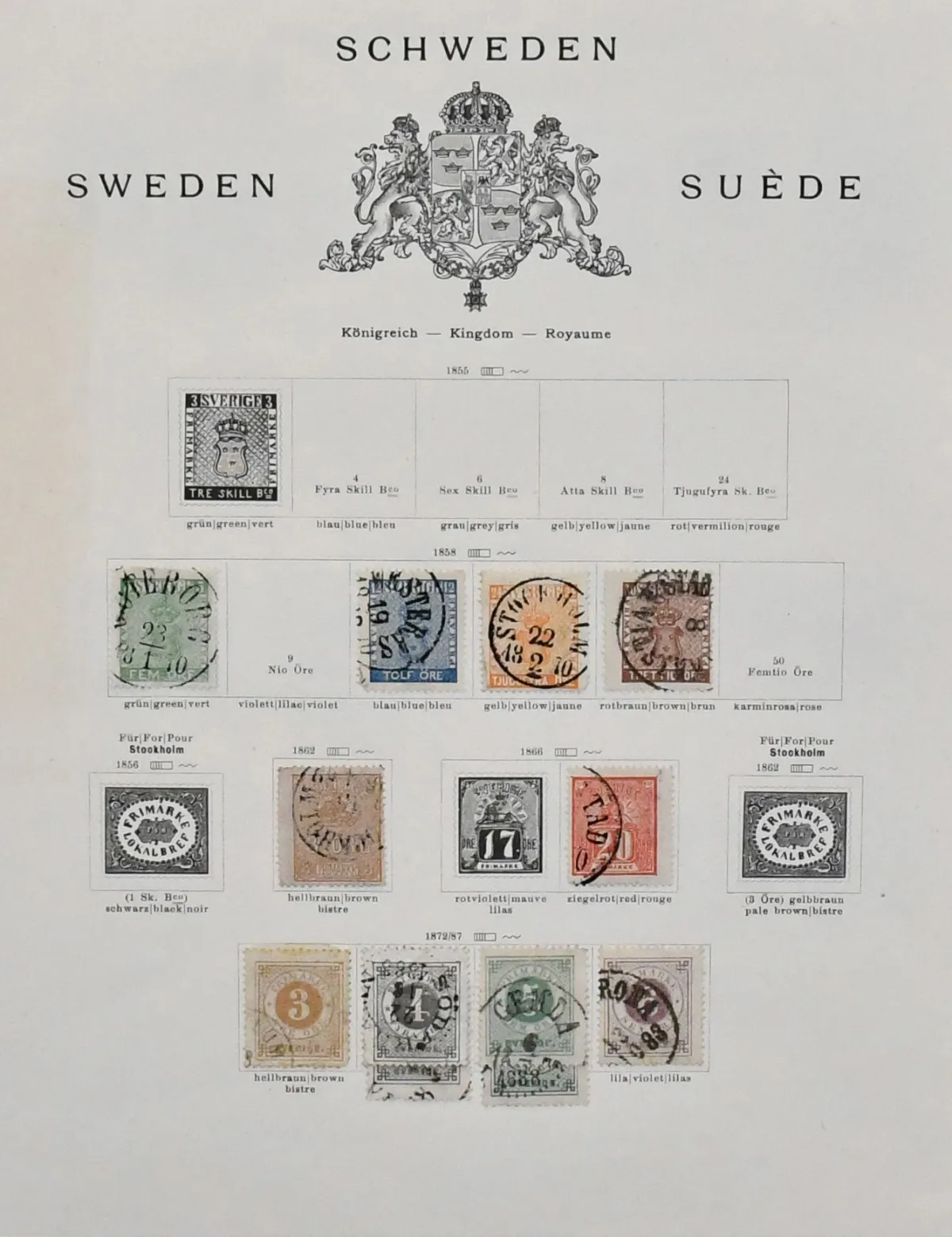 Švédsko, 1858-1911, převážně razítkovaná sbírka ve většinou dobrém stavu na starých předtištěných listech Schaubek, včetně mj. č. 7b, 9a, 10a, 11, 14II, 16, 17-25, 27, 54…