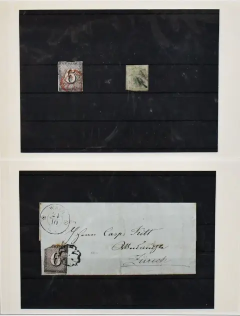 Švýcarsko, 1843-1920, převážně razítkovaná sbírka ve většinou dobrém stavu na starých předtištěných listech Schaubek. Včetně "Zürich 6" (Mi.-Nr. 2II) na velmi vzácné dopise z Wald…