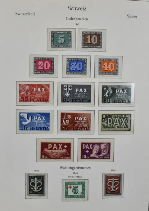 Švýcarsko, 1945-1972, kompletní čistá sbírka v předtiskovém albu KABE, včetně série PAX, bl. 11-15, série Pro Juventute/Pro Patria, letecká pošta, stejně jako samo…