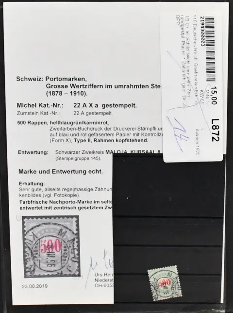 Švýcarsko, partie lepších jednotlivých položek včetně č. 71II použitý s plným otiskem na rubu (vzácný, certifikát Hermann), Bl. 11 SST (200,-), PAX (č. 447-459, Mi. 1000,-) bezvadně orazítkované, telegrafní známka č. 3 nepoužitá (certifikát Hermann) a poštovní doplatní známka č. 22IIAXaK použitá (certifikát Hermann)