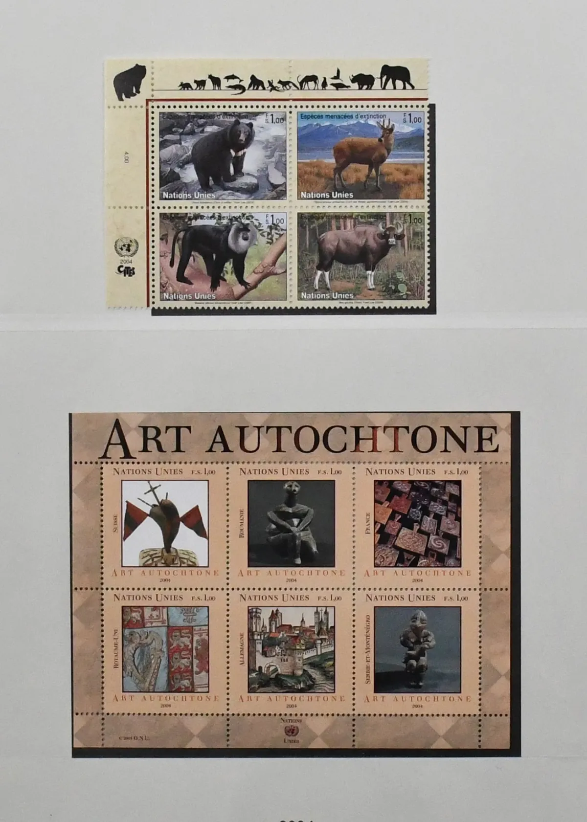 Nations Unies, Genève, collection complète non oblitérée de 1979 à 2004, avec en plus de nombreuses feuilles de composition, dans deux albums préimprimés Lindner-T neufs. Rien que la valeur nominale incluse est de 700 CHF (= 630 euros)