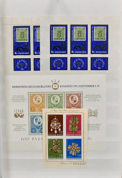 Maďarsko, partie 45 ** bloků s několika řezanými vydáními. Včetně Bl. 106B, Bl. 115B dvakrát (Mi. 180,-), Bl. 137B třikrát atd. Dále vodorovné čtyřznámkové pruhy č. 3060/63B. Mi. přes 1000,-