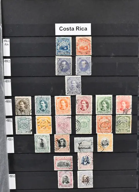 Amerika, cca 1865-1990, sbírka v obou stavech v albu, včetně mnoha zemí od raných vydání, např. Kostarika od č. 1-2 použitá, Salvador č. 1 použitá…