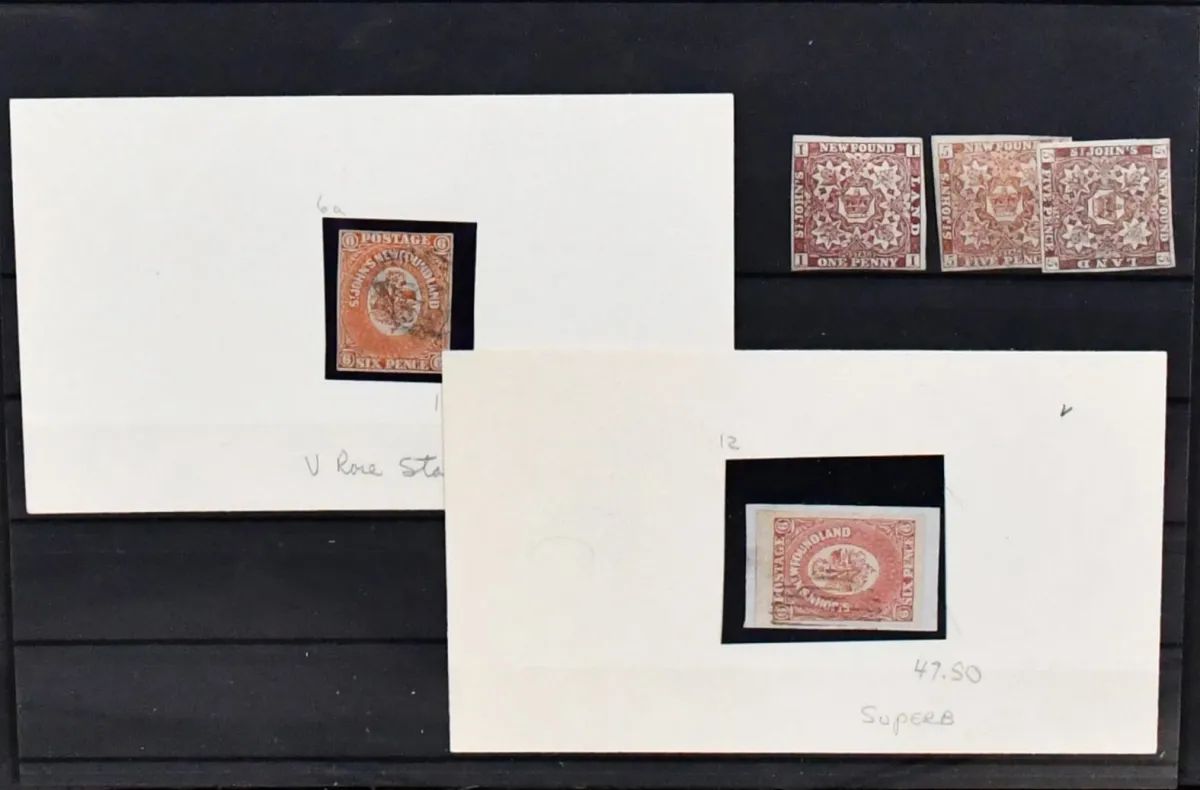 Terre-Neuve, 1857-1861, lot classique de grande valeur incl. très rare n° 6a obl. (Mi. 4500,-), ainsi que n° 1 neuf, 12 obl. et neuf, A12a obl., A12a/b neuf etc. Offre rare !