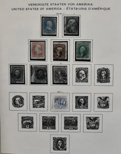 USA, 1851/1990, razítkovaná sbírka od klasiky, mj. č. 16/23, 61/71, 82/83, 103/13, 117/22, 132/37, 154/58, 249/50 atd., v předtištěném albu Schaubek. Navíc několik čistých hodnot v příloze. Michelova hodnota v roce 1997 byla podle přesného soupisu sběratele DM 9023,-