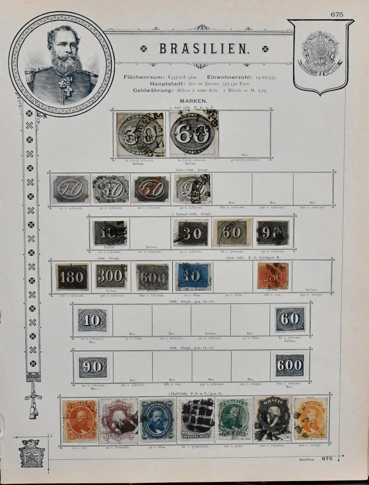 Brésil, 1843-1890, collection principalement oblitérée sur anciens formulaires dorés, dont deux Ochsenaugen (n° 1 et 2, le 30 R. avec défaut d'angle, le 60 R. légèrement touché), n° 4-7, 11, 13-18, 21, 23-29, 36, 37, 47, 64 etc. Timbres parfois collés, mais détachables.