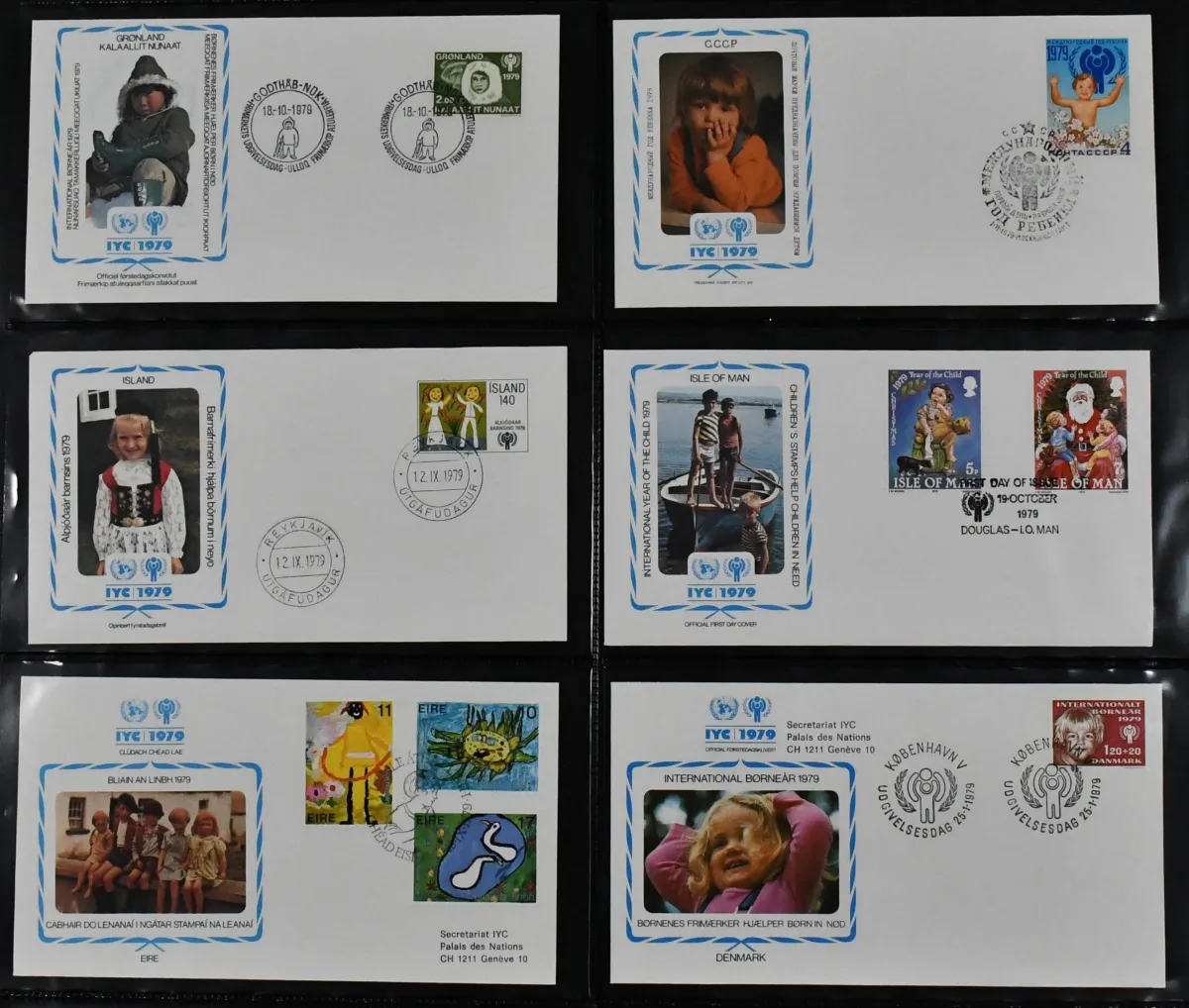Rok dítěte 1979, rozsáhlá sbírka FDC s 59 bloky (bez Číny), mnoho jednotlivých hodnot vč. Číny atd., ve třech kroužkových pořadačích