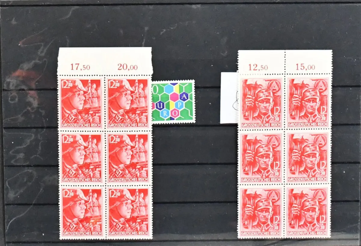Cały świat, wartościowy zestaw m.in. USA nr 45 kas., Norwegia nr 1, Portugalia nr 778-79 czyste (Mi. 450,-), Austro-Węg. poczta polowa nr XII w czystym bloku czterech (960,-), Liechtenstein CEPT 1960, Badenia nr 5 trzy luksusowe egzemplarze, III Rzesza blok Ostropa z certyfikatem Oechsner "bez zarzutu" (1300,-) oraz nr 909/10 w czystych blokach sześciu (Mi. 480,-)