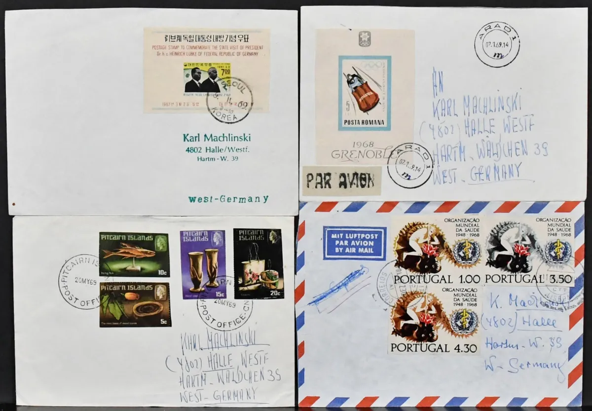 Worldwide, 1968/69, eleven letters each with cut postal fraud issues, among others from Portugal, South Korea, Romania, Czechoslovakia, Hungary and Bulgaria