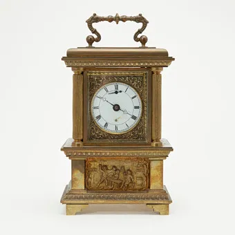 LORENZ FURTWÄNGLER & SÖHNE (LFS), table alarm clock / table clock with musical movement, manual winding, brass, early 20th century, Germany.