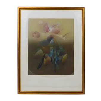 Framed bird motif by artist Mihailo Čumić from 1987.