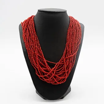 Multi-strand necklace with numerous strands of small dark red coral beads, 25 strands, handmade, coin clasp.