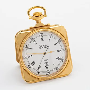 Montre de poche et de voyage Certina (Kurth Frères), 1991, modèle anniversaire exclusif pour les 100 ans de la BBC, boîtier carré doré avec fonction support intégrée, mouvement à quartz suisse, affichage de la date.