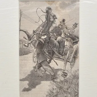 SCÉNA NEHODY S KOČÍM, OCELORYT, KOLEM 1895, V PASSE-PARTOUT.