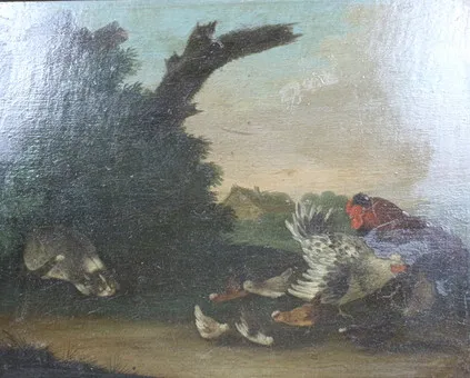 JOHANN ADAM FASSAUER (?-1787). Olieverf op paneel, '' Kat en kippen '' rond 17e eeuw.