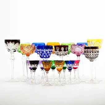 JOSEPHINENHÜTTE ET AL. Collection of colored cased glasses, Bohemia, 1920s (23).