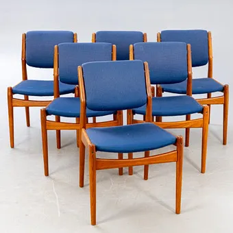 ARNE VODDER. Sibast, six chairs model 51 in teak, blue fabric, Denmark, 1960s (6).