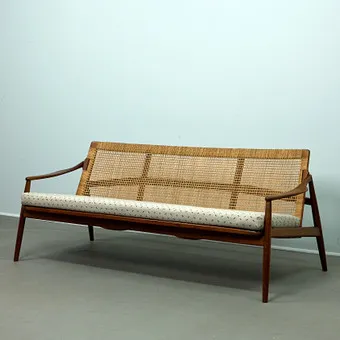 HARTMUT LOHMEYER for Wilkhahn, sofa / three-seater, teak, rattan weave, 1950s, Germany.