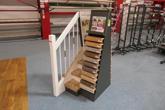 Display shelf, with contents (stair tread samples)