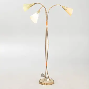 Lampa stojąca, mosiądz i skóra, lata 50.