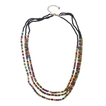 Three-row colorful beaded necklace with adjustable metal clasp.