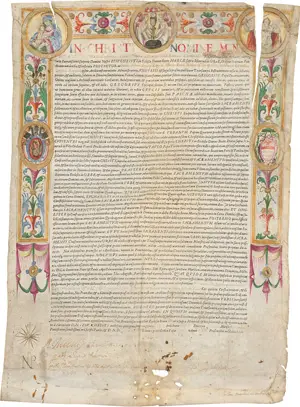 Santa Maria sopra Minerva und Romae indulgentia – - Грамота об отпущении грехов. Типографская печать черным курсивом на пергамене