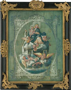 S. Maria Laureta – Seidenmalerei mit in Silber und Farben auf dunkelgrünem Grund.